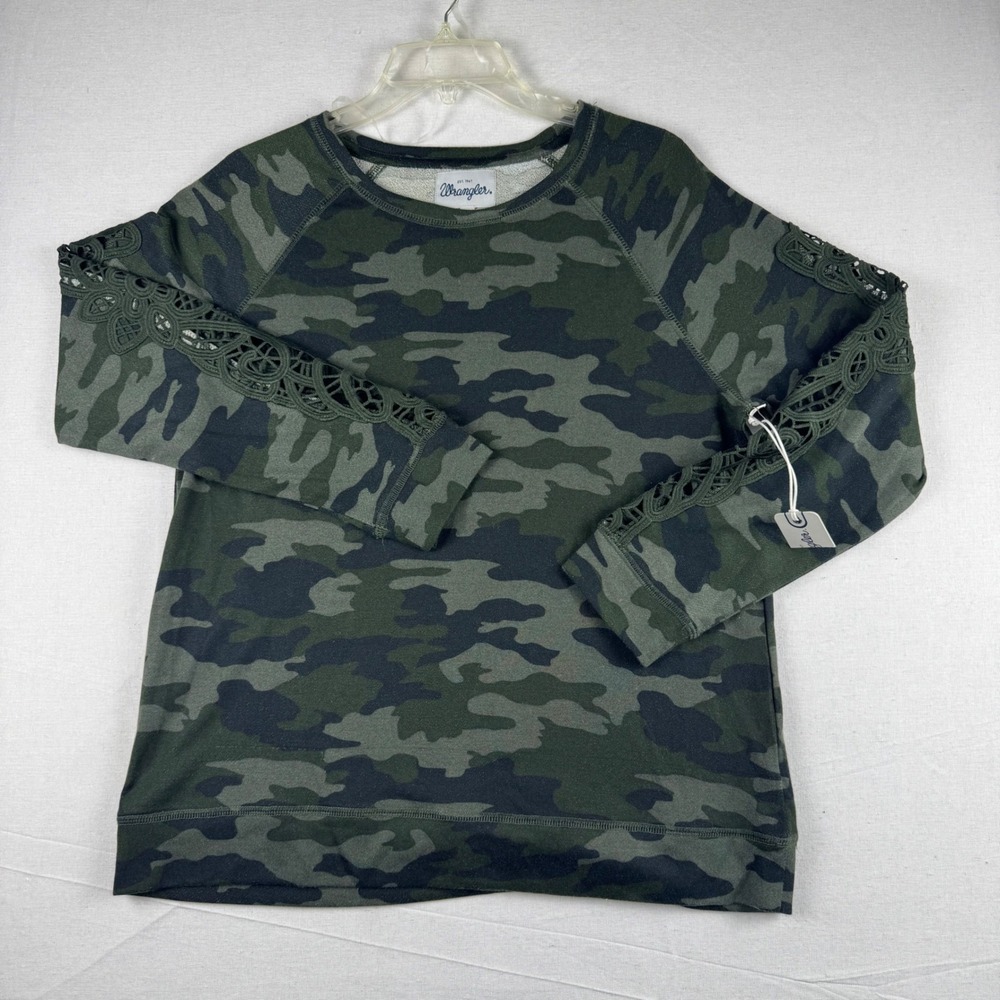 Wrangler Womens Camo Sweatshirt Green Crochet Lace Sleeve Detail Size L